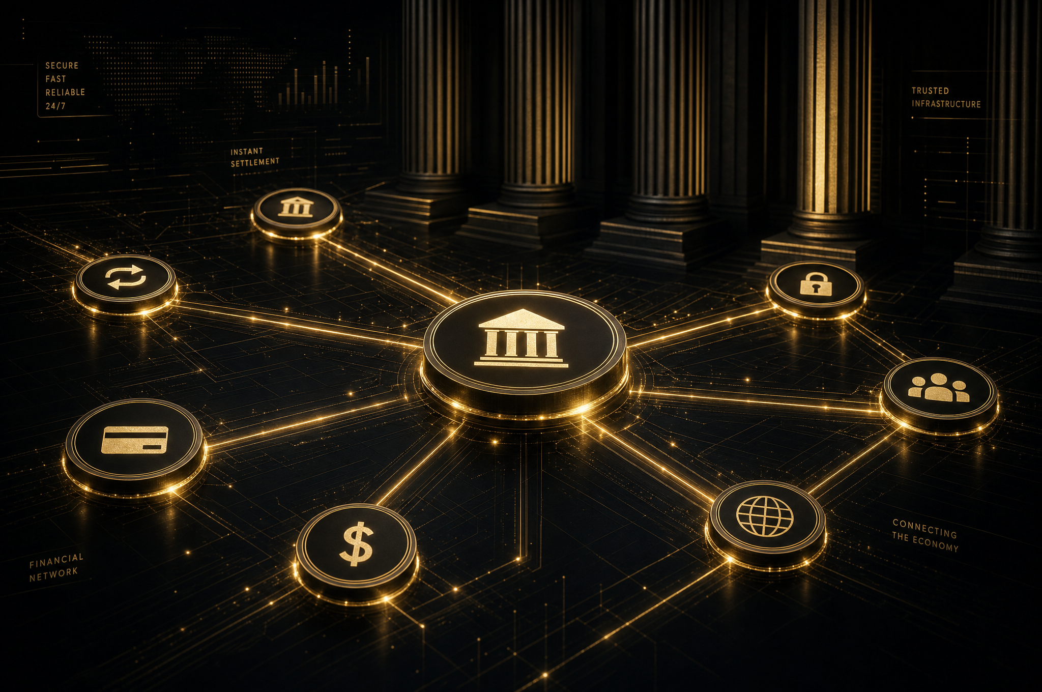 crypto Fed payment rails 2026 – glowing financial network nodes on dark background