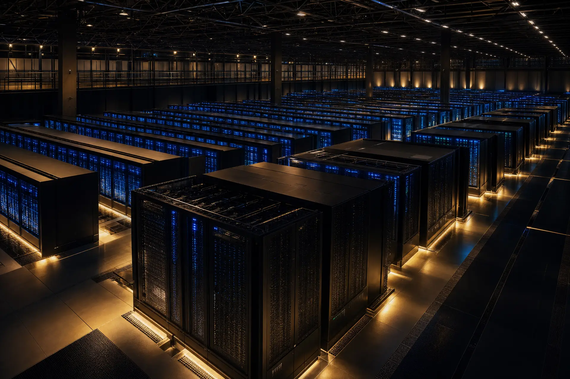 AI compute costs 2026 – massive data center server racks lit in gold and blue