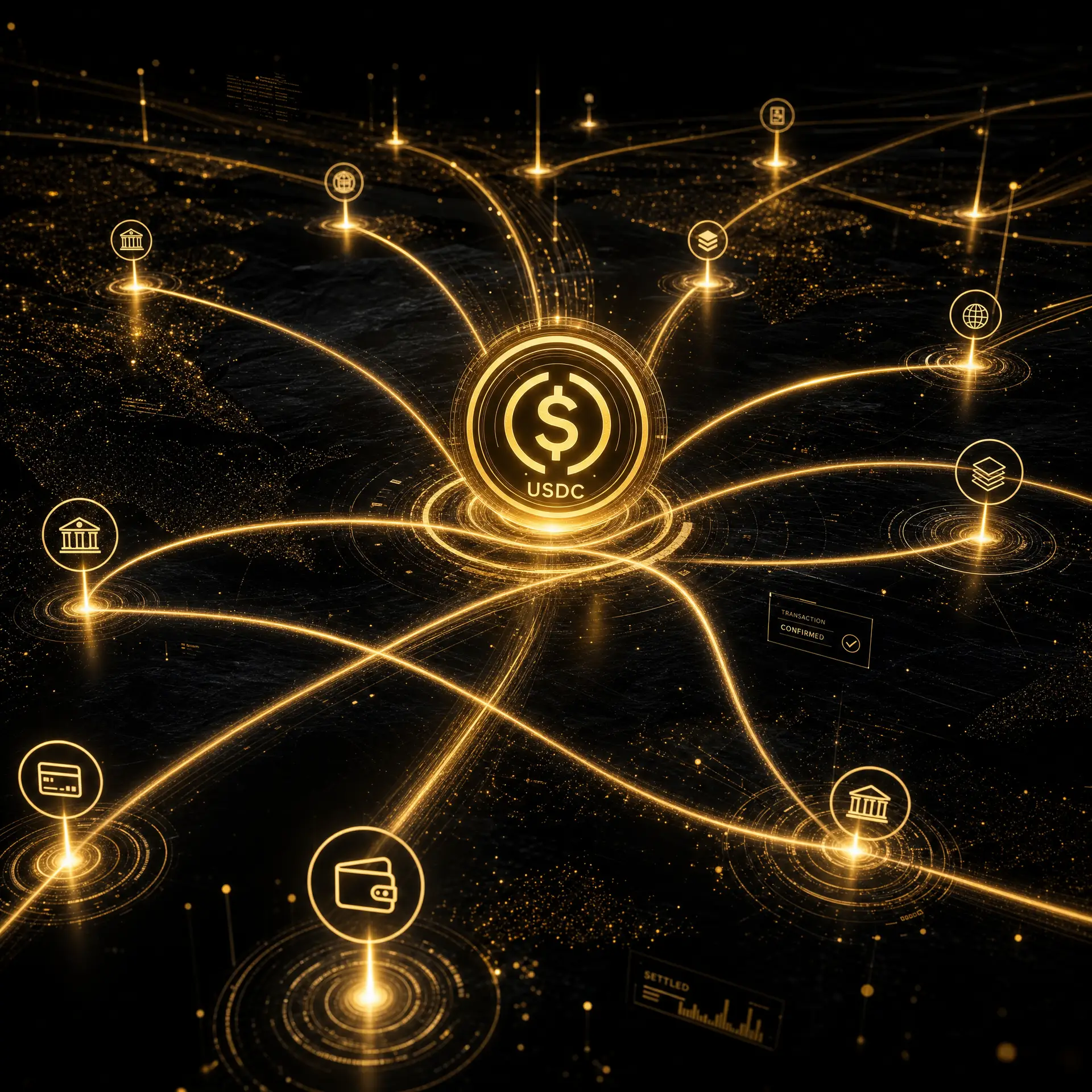AI agents paying USDC – digital payment network on obsidian background with champagne gold accents