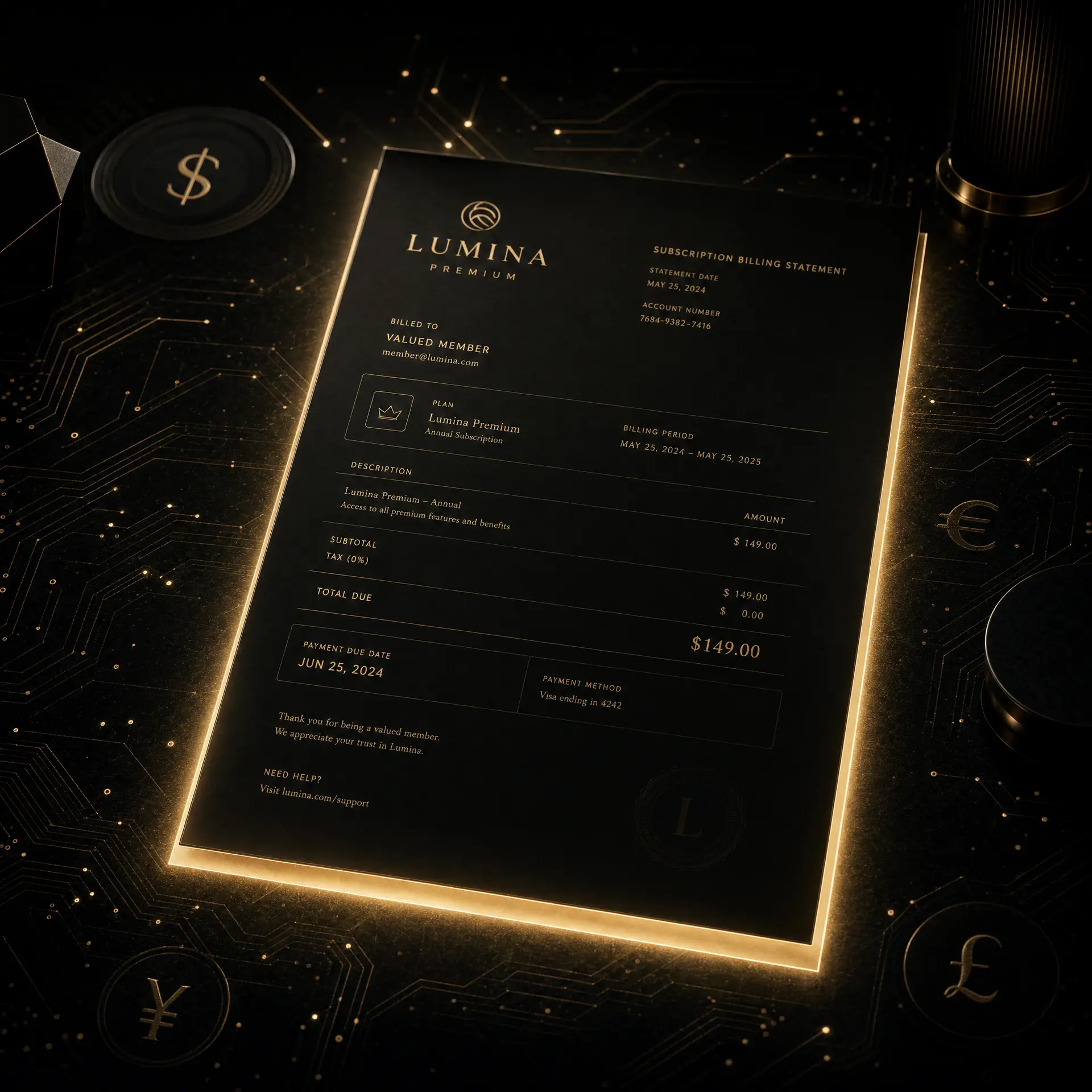 AI subscription costs – billing statement under dramatic editorial lighting