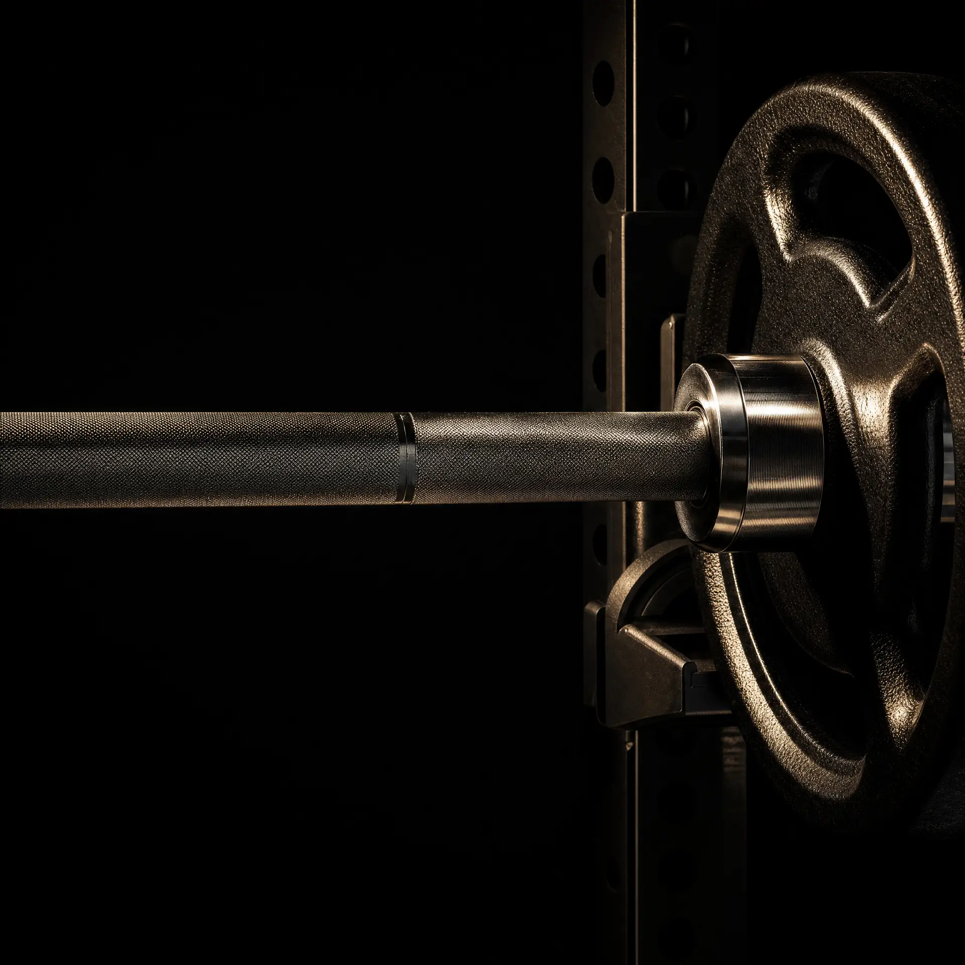 benefits of strength training for men — barbell on rack in dramatic editorial lighting