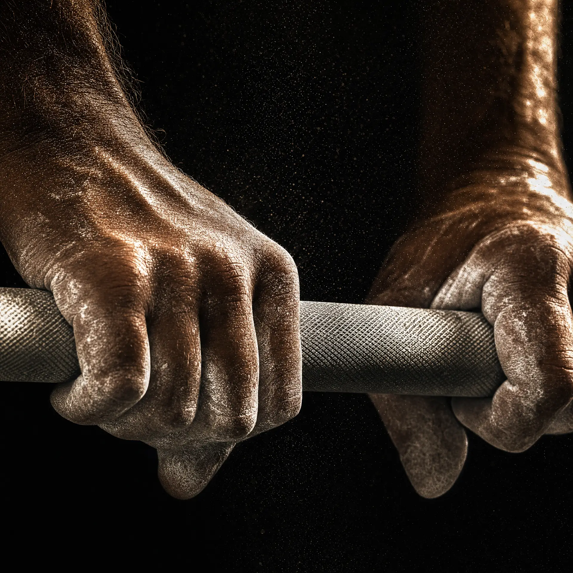benefits of strength training for men — hands gripping barbell close-up cinematic