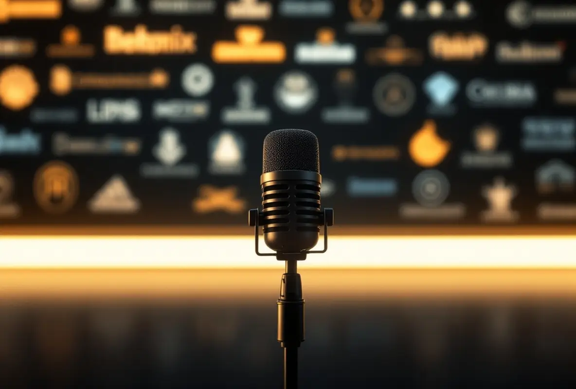 every business is a media company – a single microphone in front of a wall of fading competitor logos