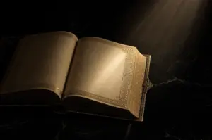 Pope Leo AI encyclical – open book illuminated by gold light on obsidian surface