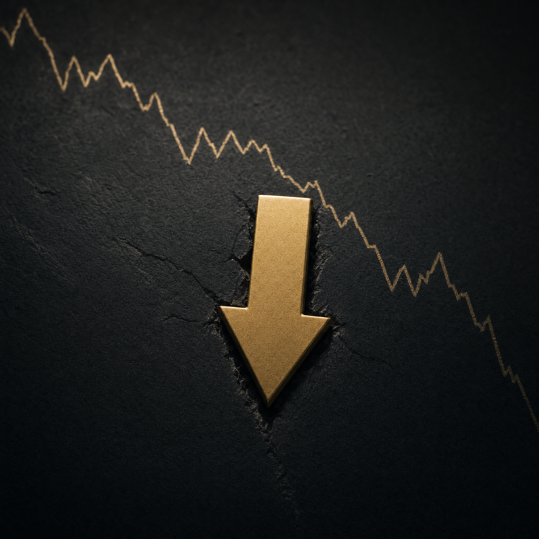 CEO confidence 2026 falling — gold downward arrow on obsidian with declining graph motif