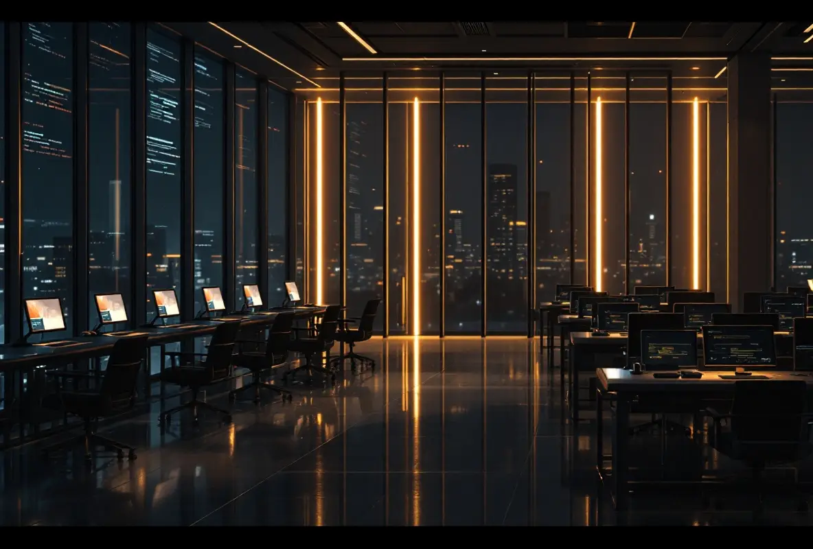 AI banking jobs 2026 – modern bank lobby at night with empty back-office desks visible