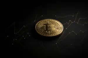 Bitcoin volatility 7-month low – single coin on obsidian surface with gold waveforms
