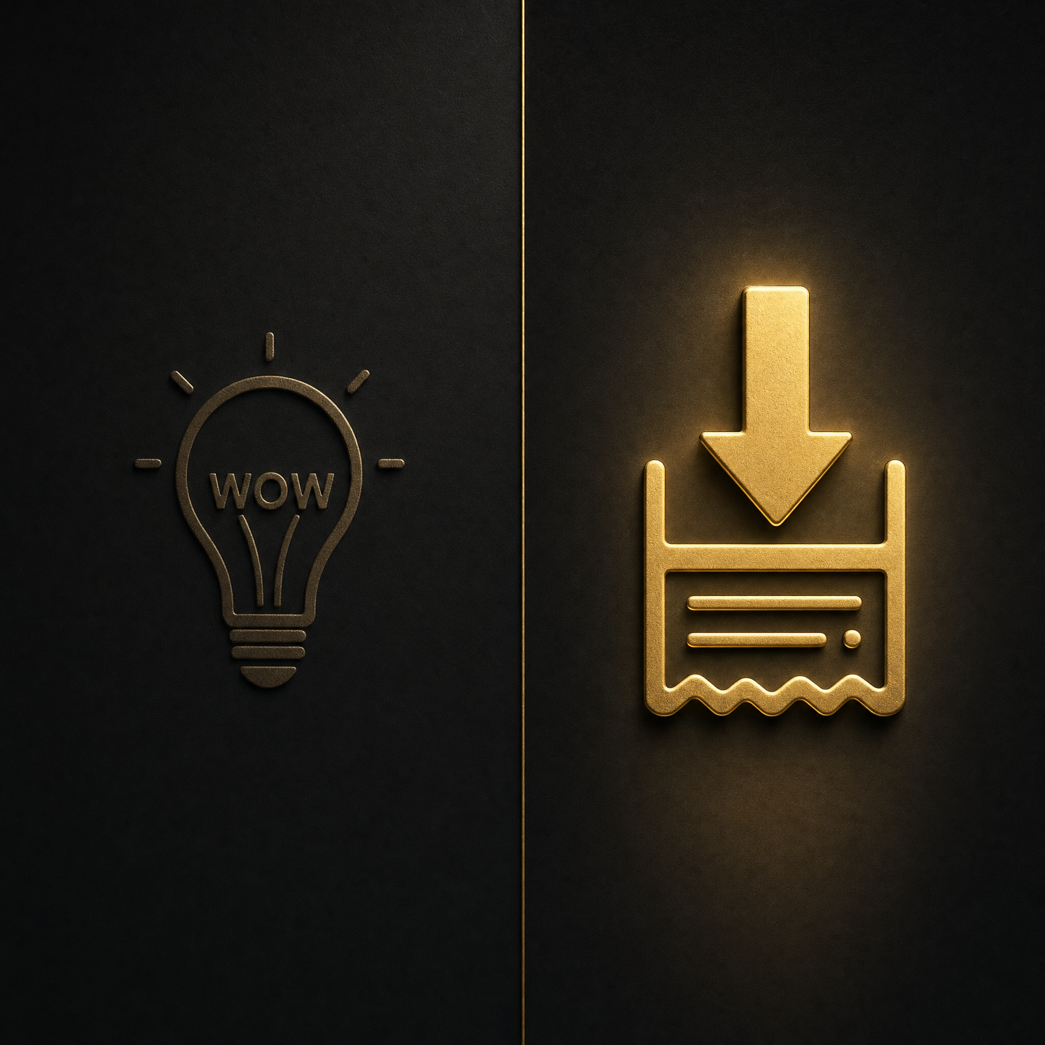 Sell savings not novelty — dim wow lightbulb beside a glowing cost-cut receipt icon on obsidian