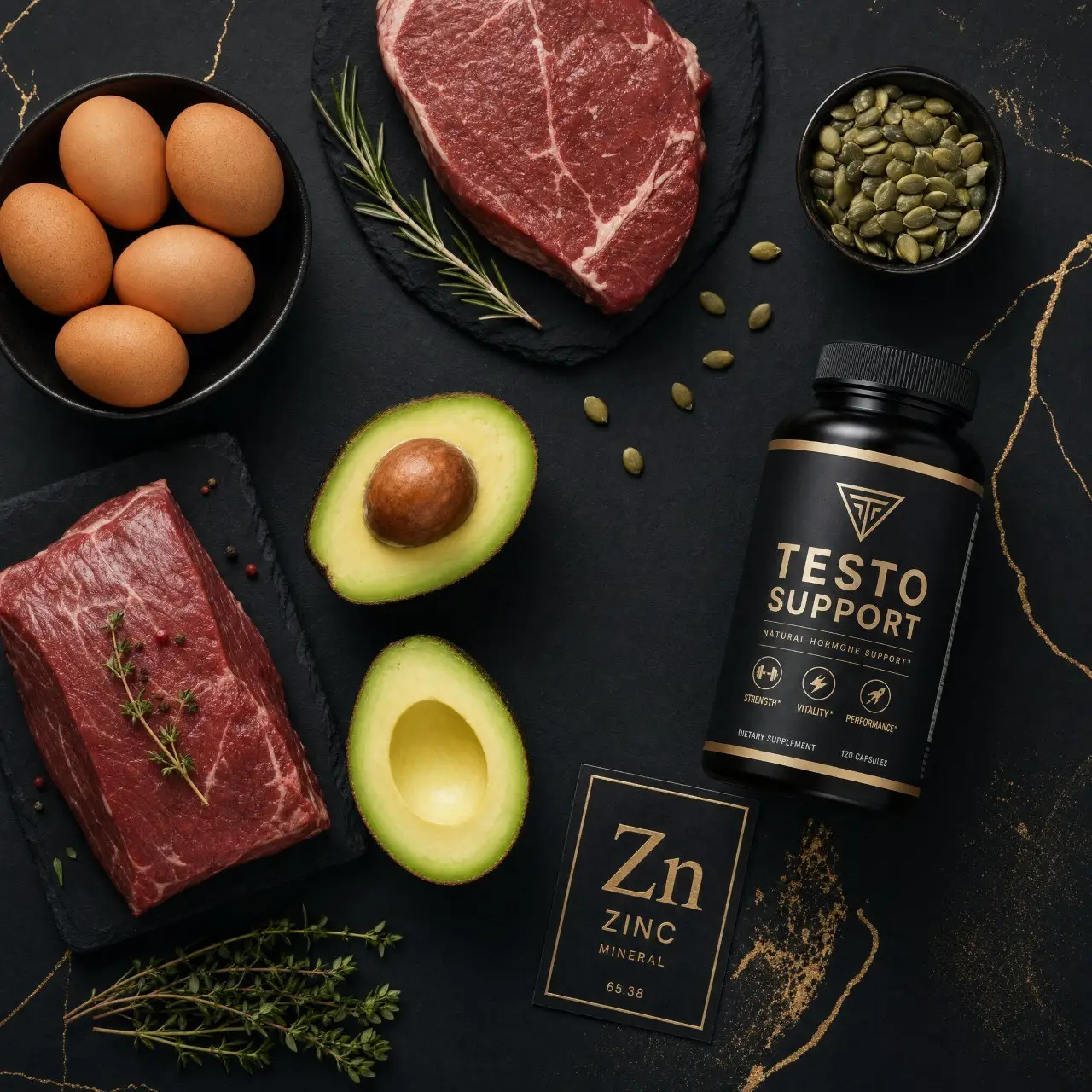 how to naturally increase testosterone – foods that boost testosterone laid out on dark surface