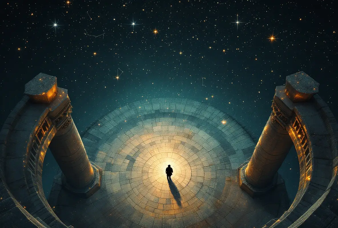 marcus aurelius meditations for modern life – view from above stoic exercise showing single figure under vast night sky