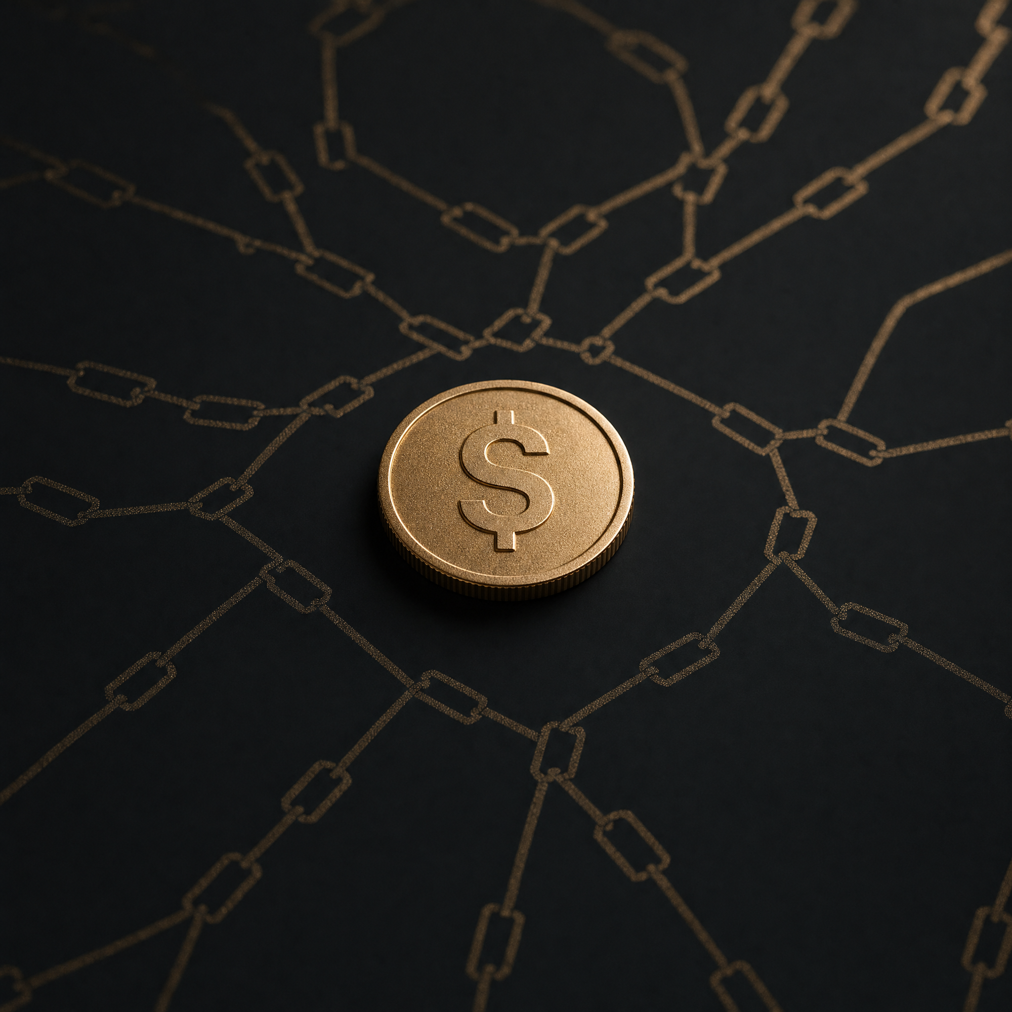 SoFi USD stablecoin SoFiUSD bank-issued — gold dollar coin on obsidian with chain-link motif