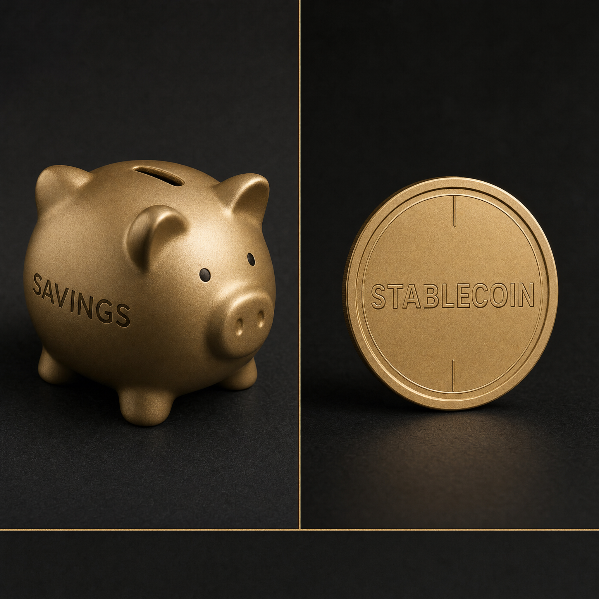 Stablecoin vs savings account — gold piggy bank and coin on obsidian