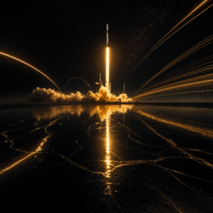 SpaceX Bitcoin treasury 2026 — Falcon 9 launch with gold light trails