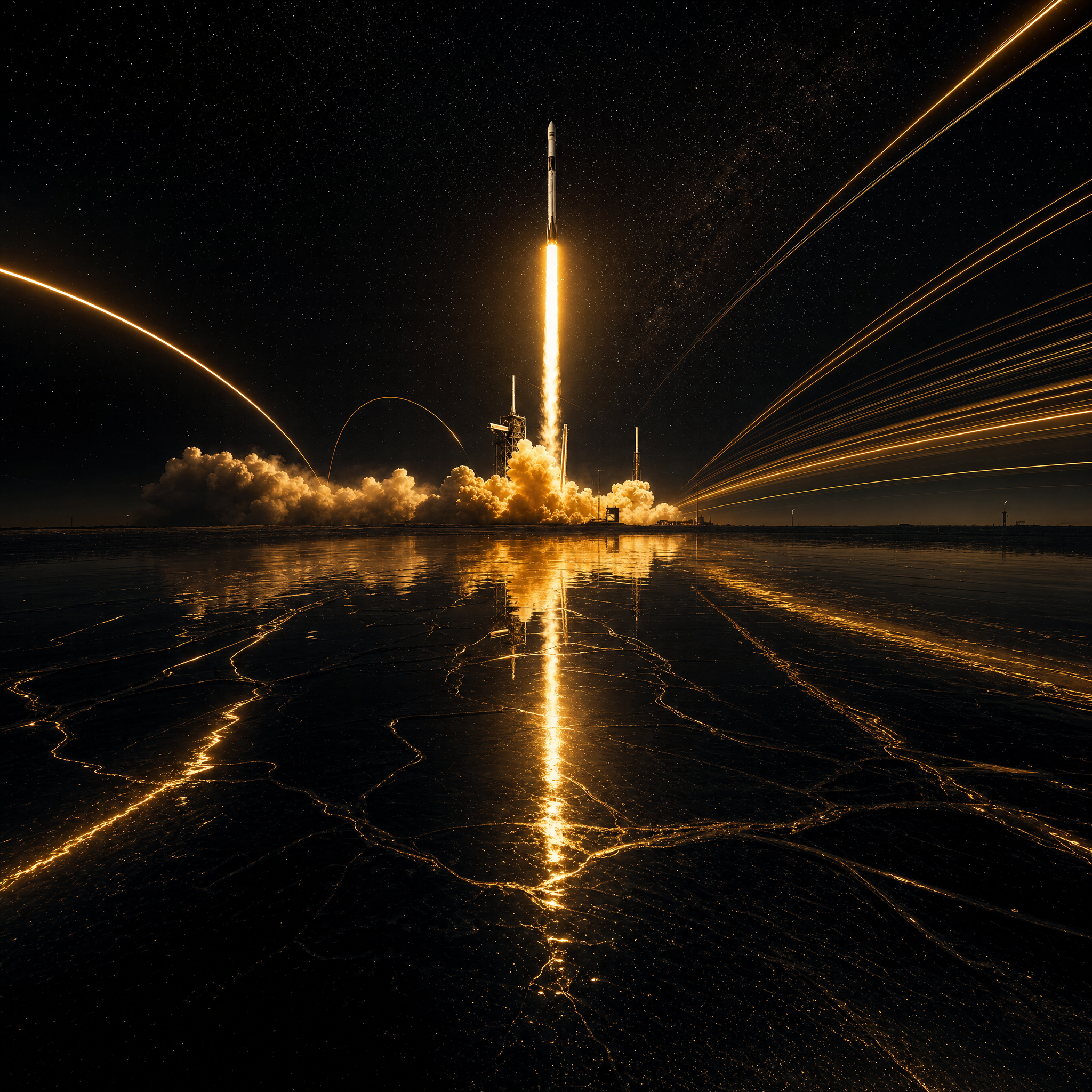 SpaceX Bitcoin treasury 2026 — Falcon 9 launch with gold light trails