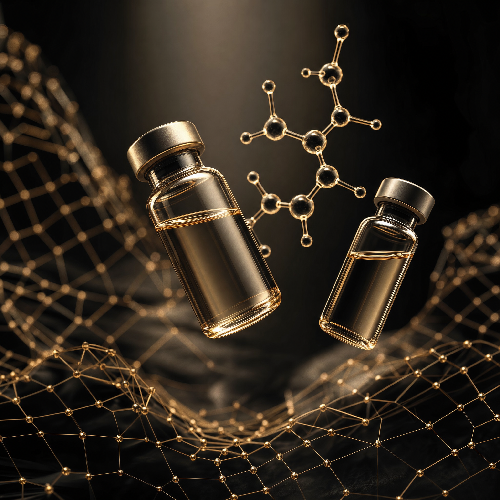 what are peptides – injectable vials and molecular chain visualization on obsidian background