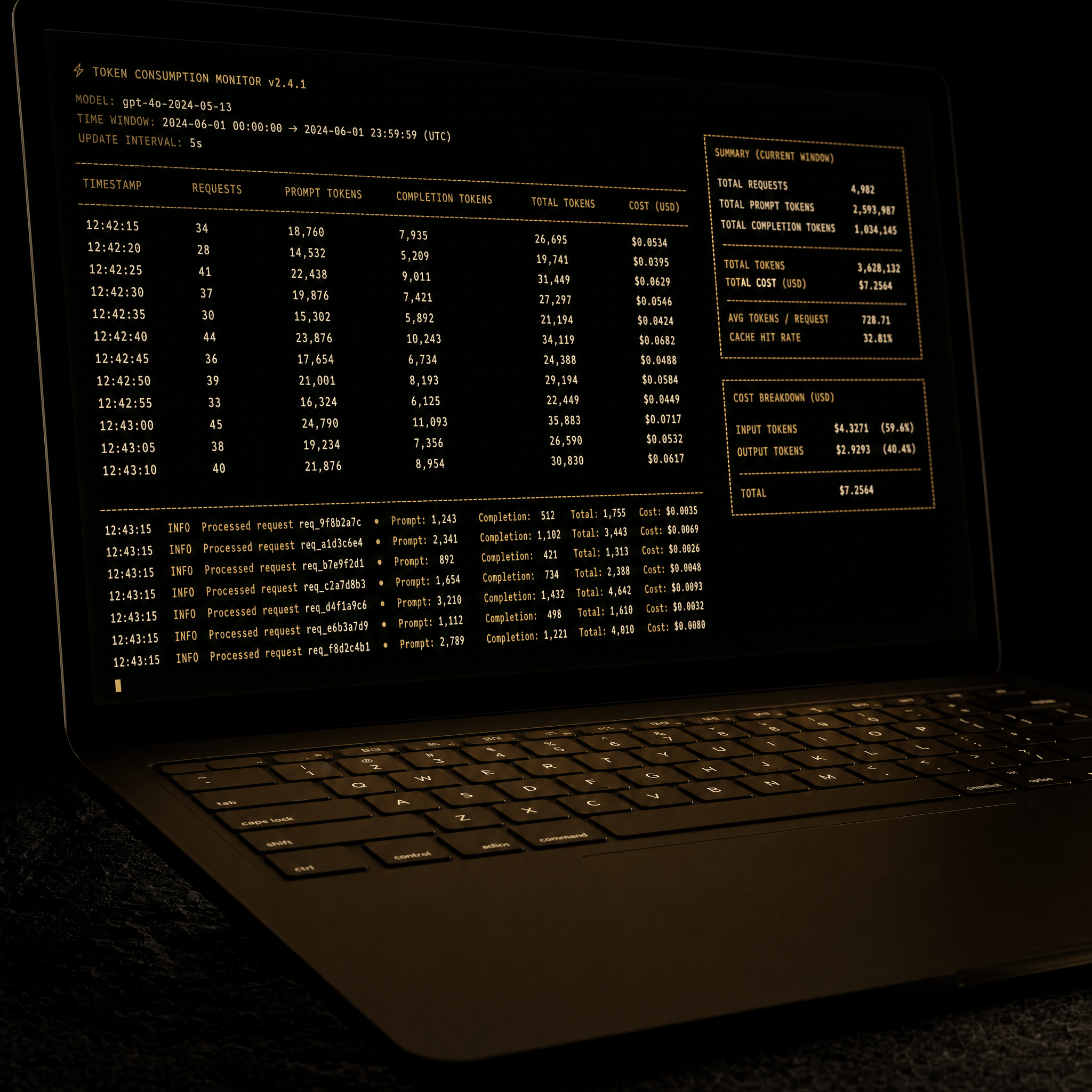 ai coding agent api cost audit – terminal billing dashboard on obsidian surface