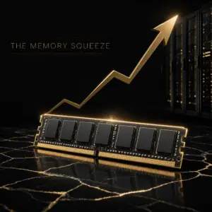 Conceptual image of a memory chip with a rising price arrow and an AI data center in the background