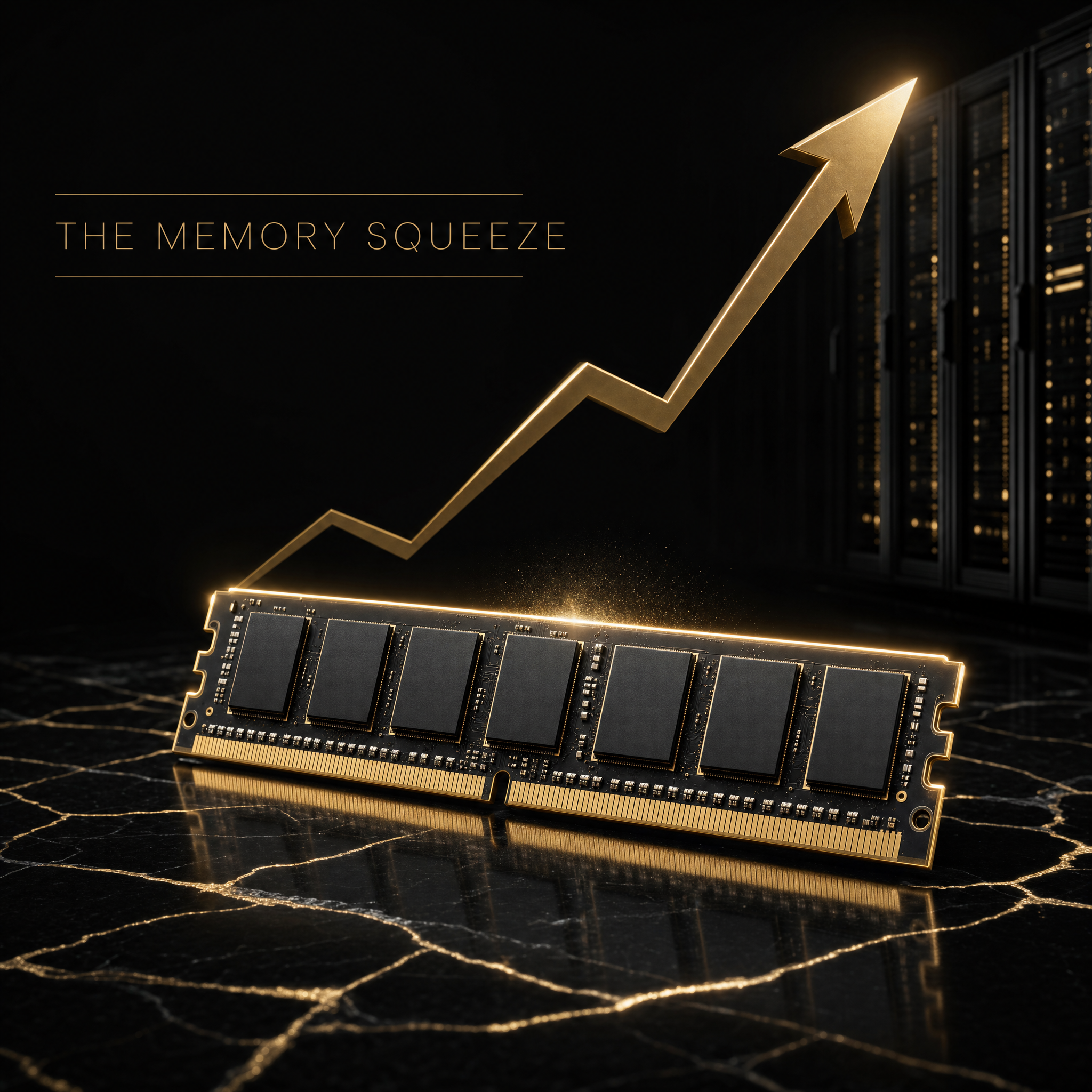 Conceptual image of a memory chip with a rising price arrow and an AI data center in the background