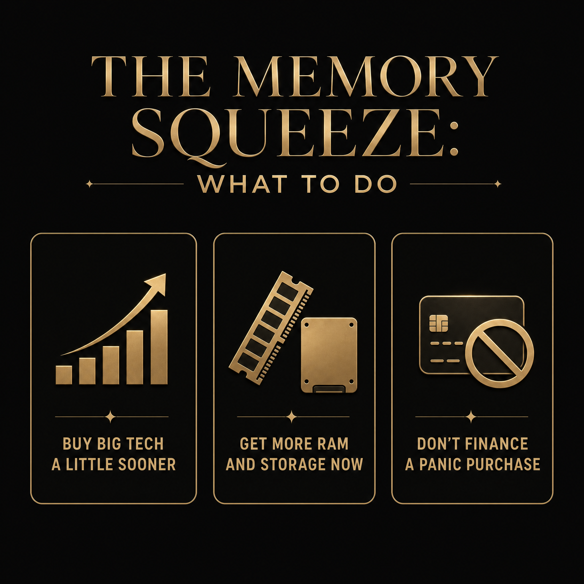 Infographic of three practical moves during the memory shortage: buy big tech sooner, get more RAM and storage now, do not finance a panic purchase