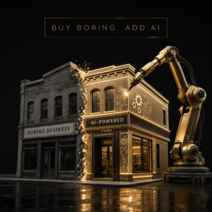 Conceptual image of an ordinary business being upgraded with AI into an efficient operation