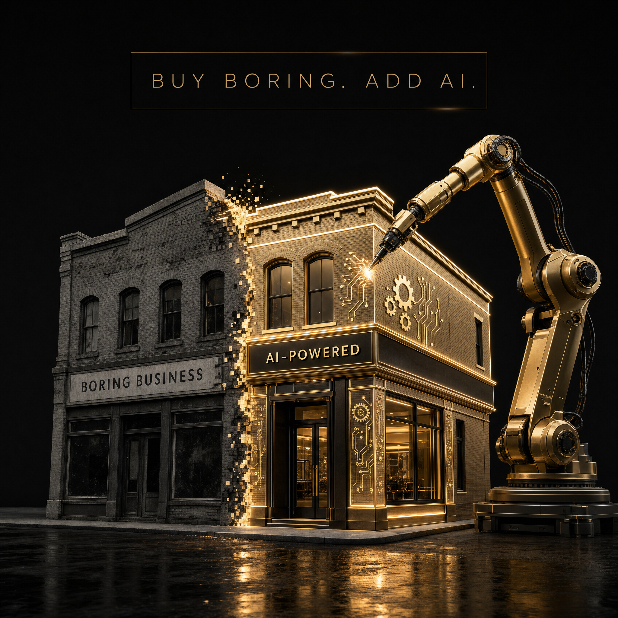 Conceptual image of an ordinary business being upgraded with AI into an efficient operation
