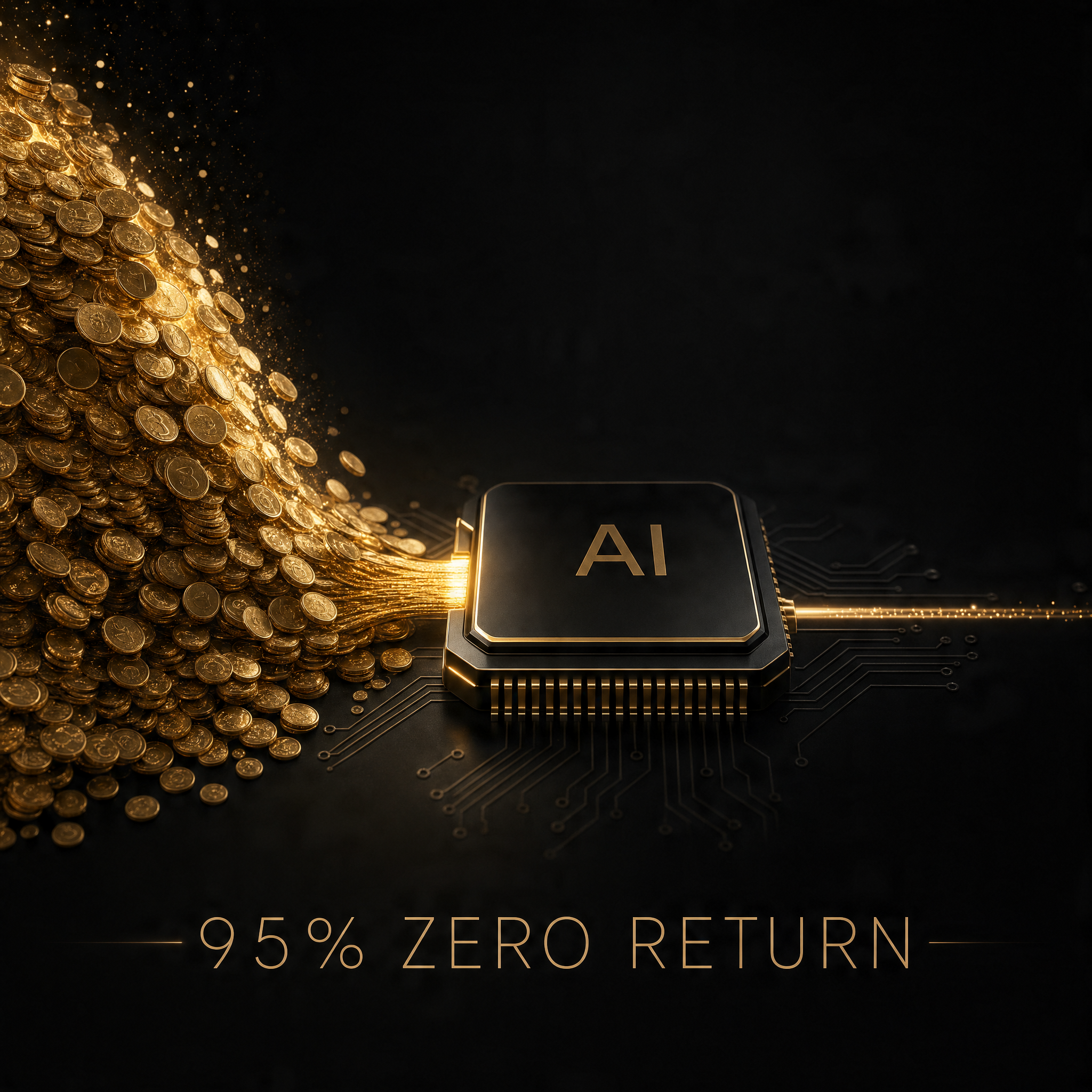 AI spending ROI shown as large investment flowing into AI with only a thin return coming out