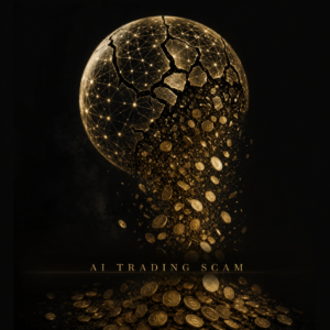 AI trading scam concept – a fake AI trading bot dissolving into falling gold coins