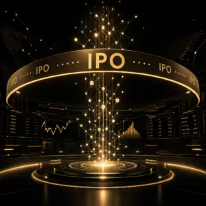 Anthropic AI IPO concept – an AI neural motif fused with a stock exchange and a gold IPO ticker