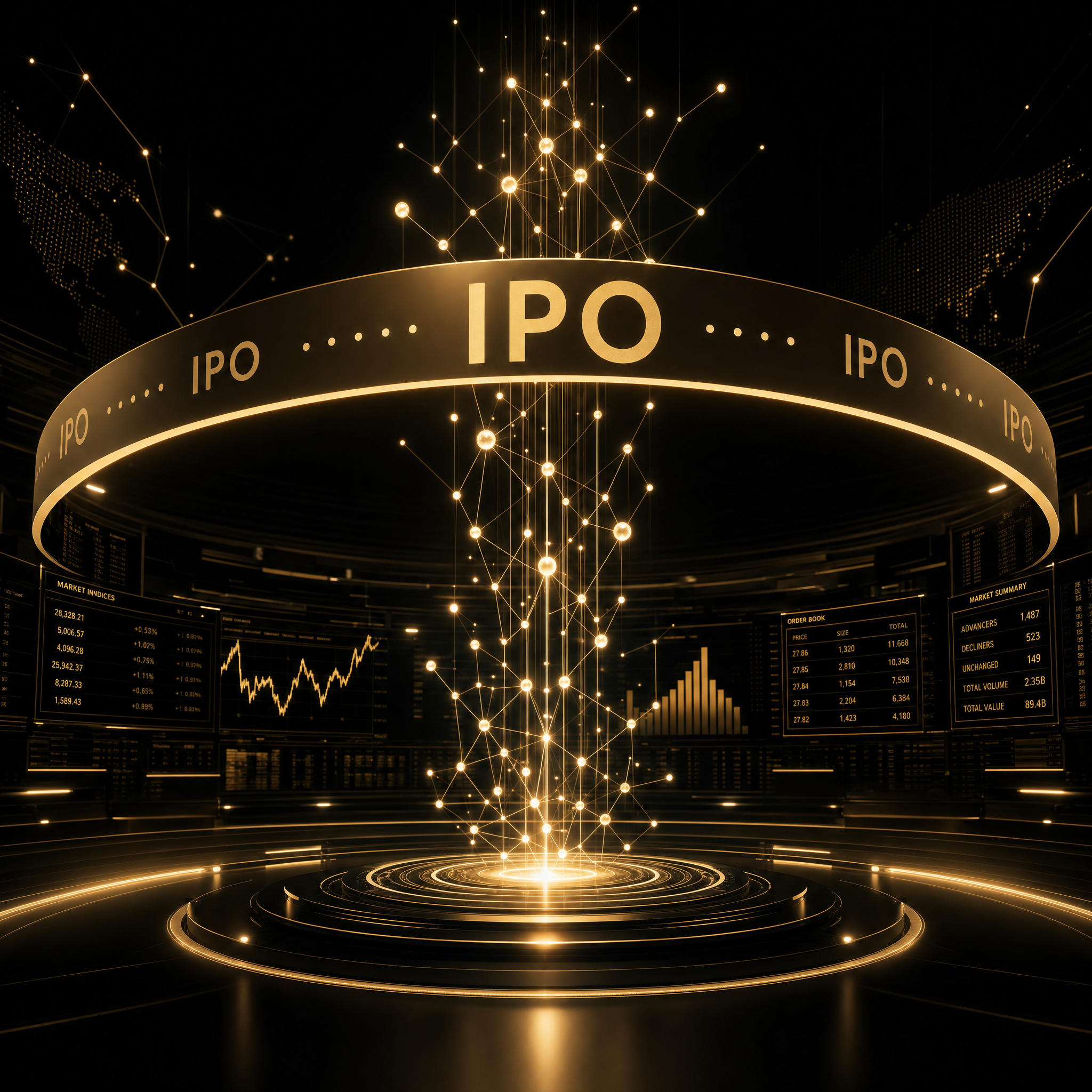 Anthropic AI IPO concept – an AI neural motif fused with a stock exchange and a gold IPO ticker