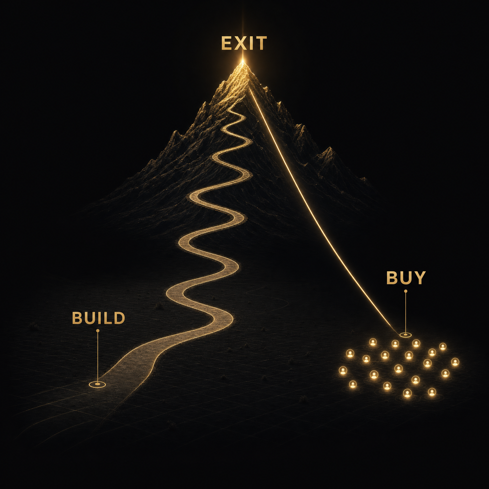 Infographic comparing the long build path versus the short buy path to a business exit