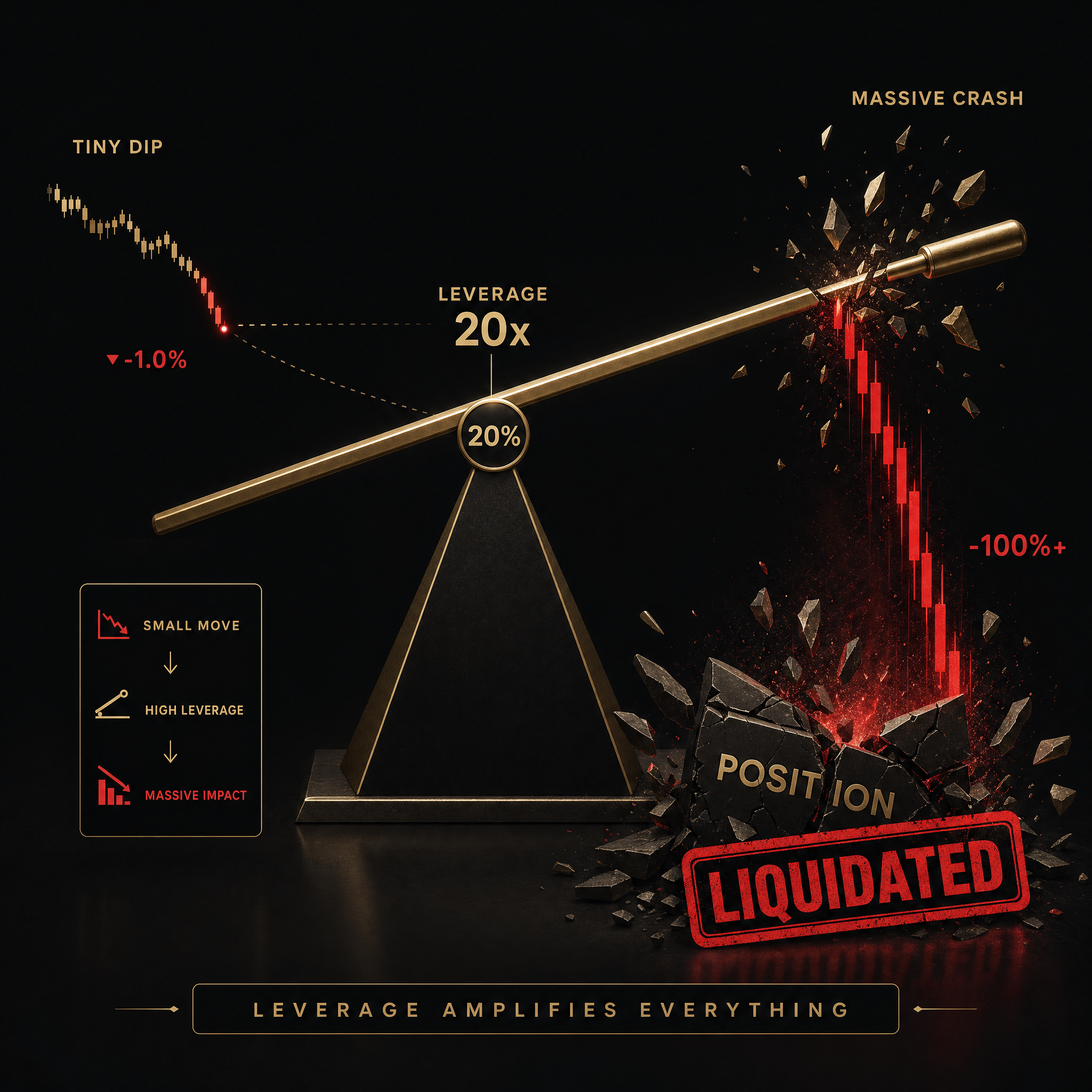 Concept showing how 5x leverage turns a small 20 percent price move into a full liquidation