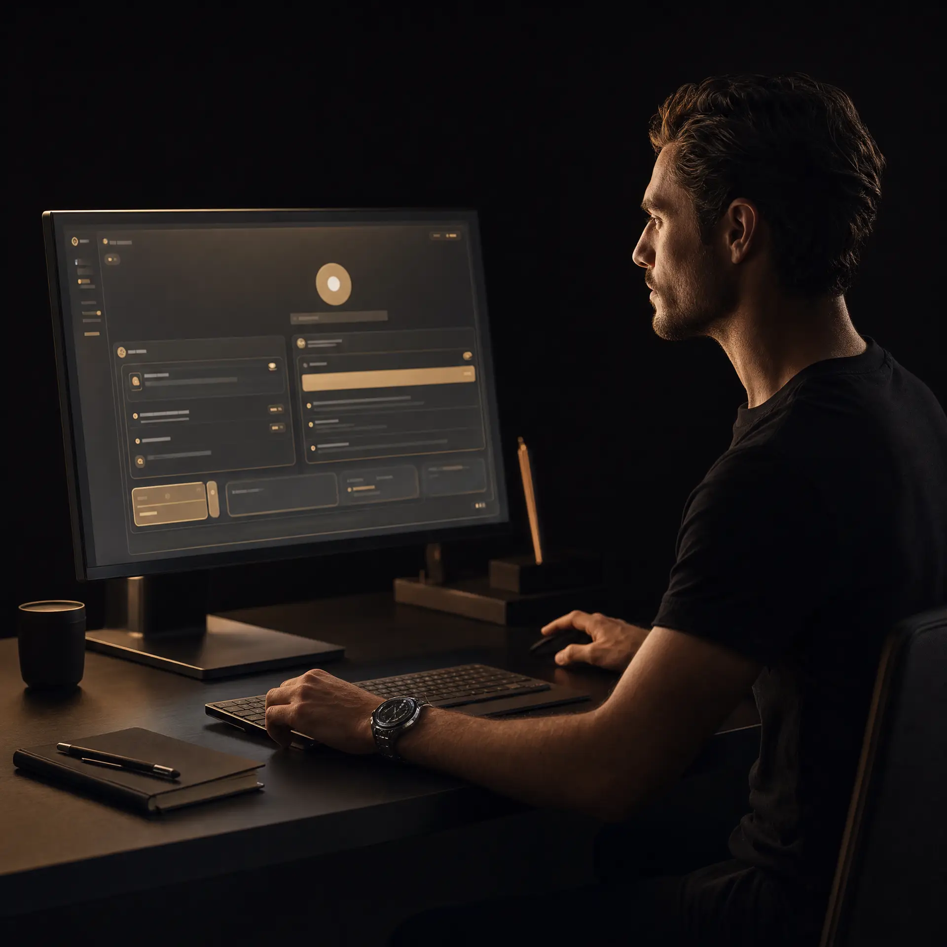 custom GPT beginner build: a man configuring his first AI assistant on a dark editorial desk setup
