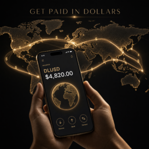 Deel stablecoin wallet concept showing a phone with a DLUSD dollar balance and cross-border money flows