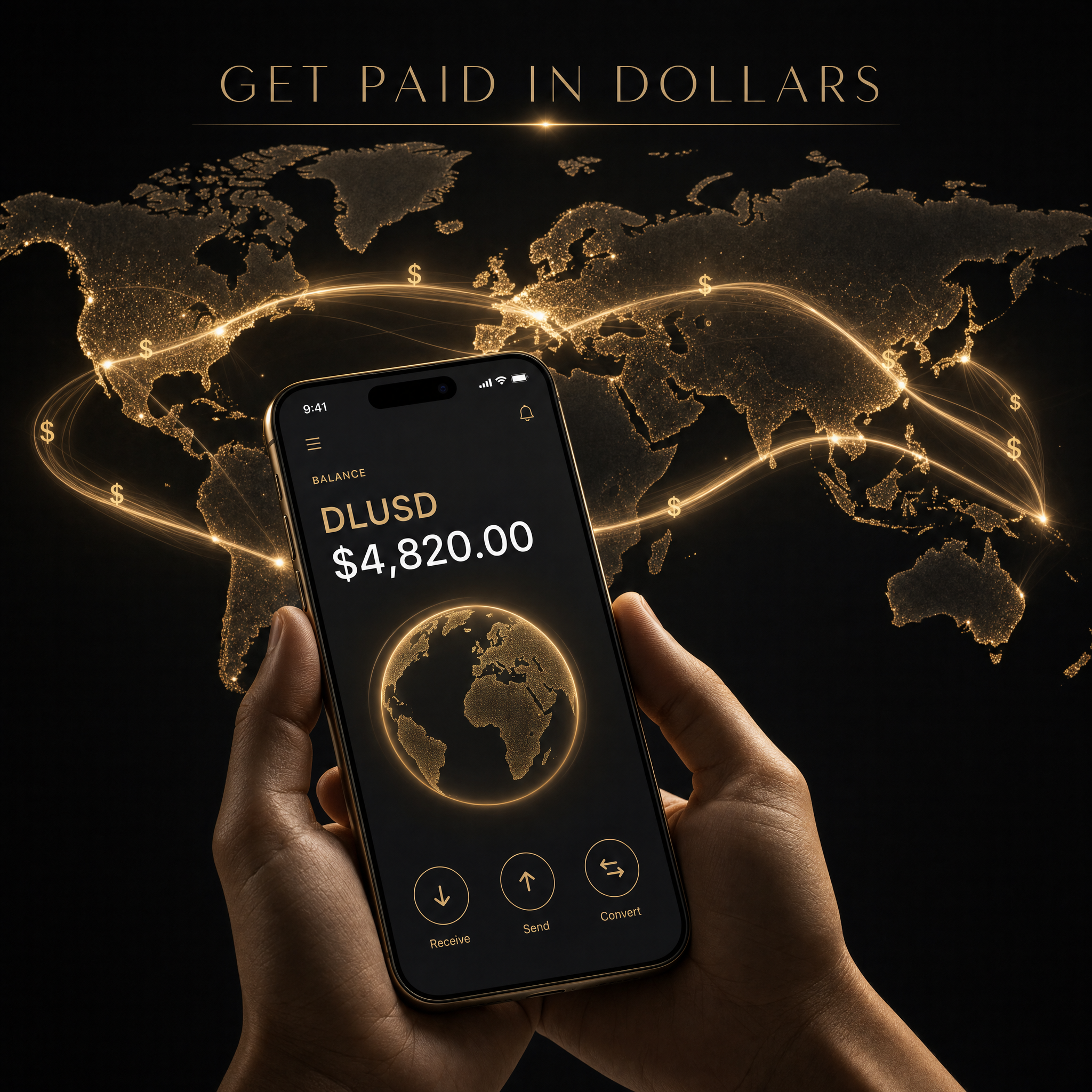 Deel stablecoin wallet concept showing a phone with a DLUSD dollar balance and cross-border money flows