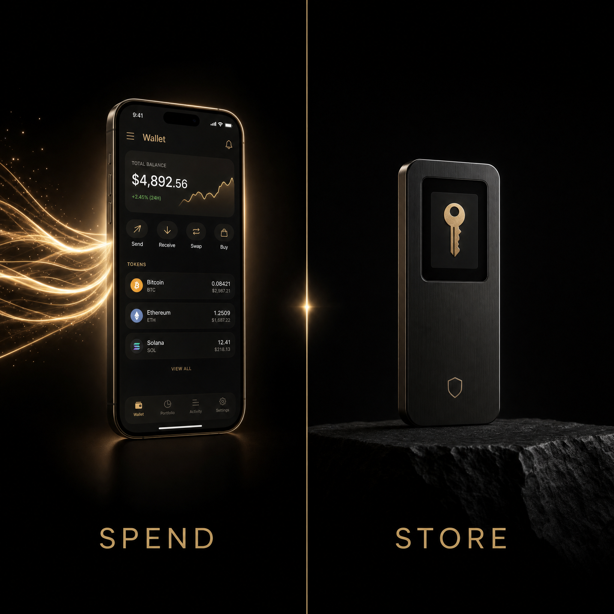 Concept comparing a hot app wallet for spending against offline hardware cold storage for holding value