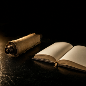 dichotomy of control – Stoic scroll and modern journal on obsidian surface