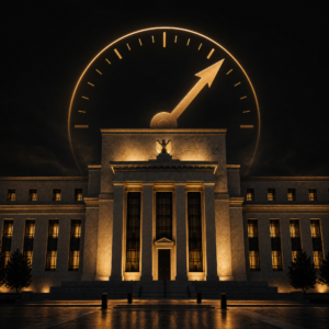 Fed rate hike 2026 — Federal Reserve building with a rising-rate gauge motif