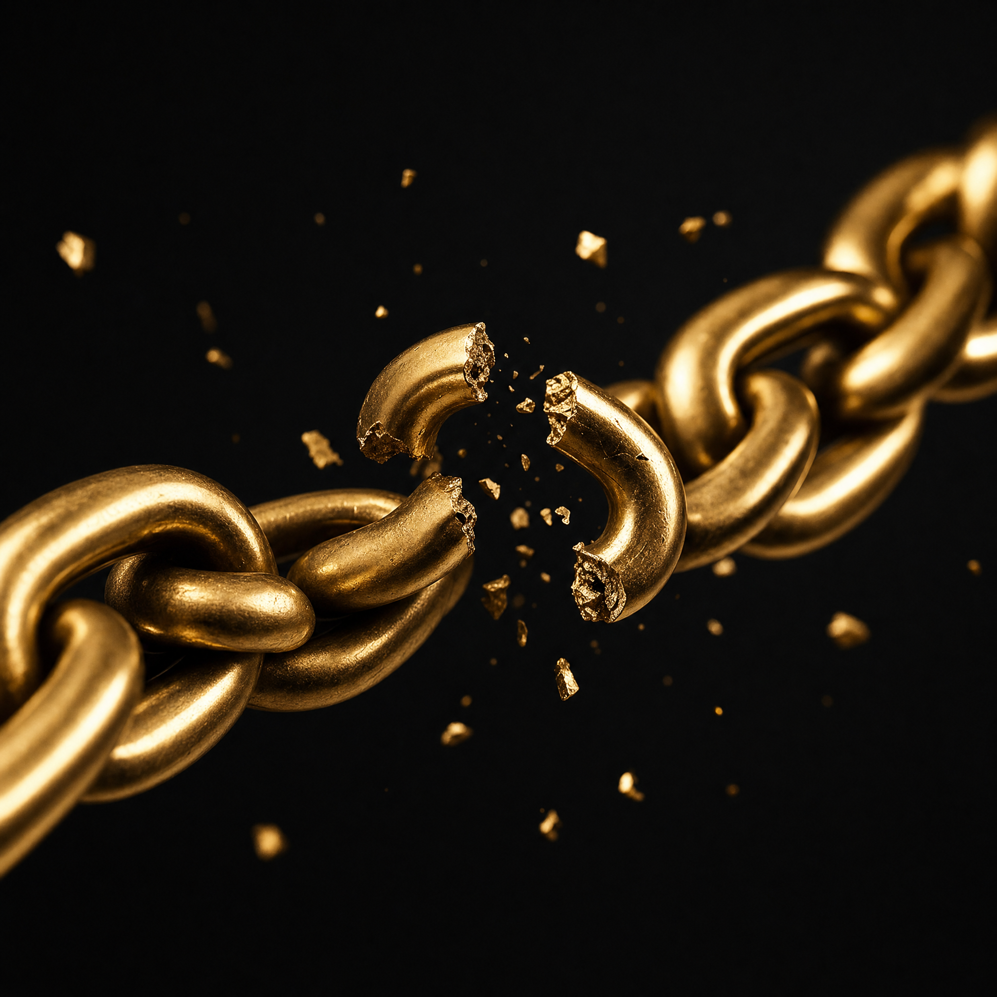 how to get out of consumer debt - a gold chain breaking apart on dark background