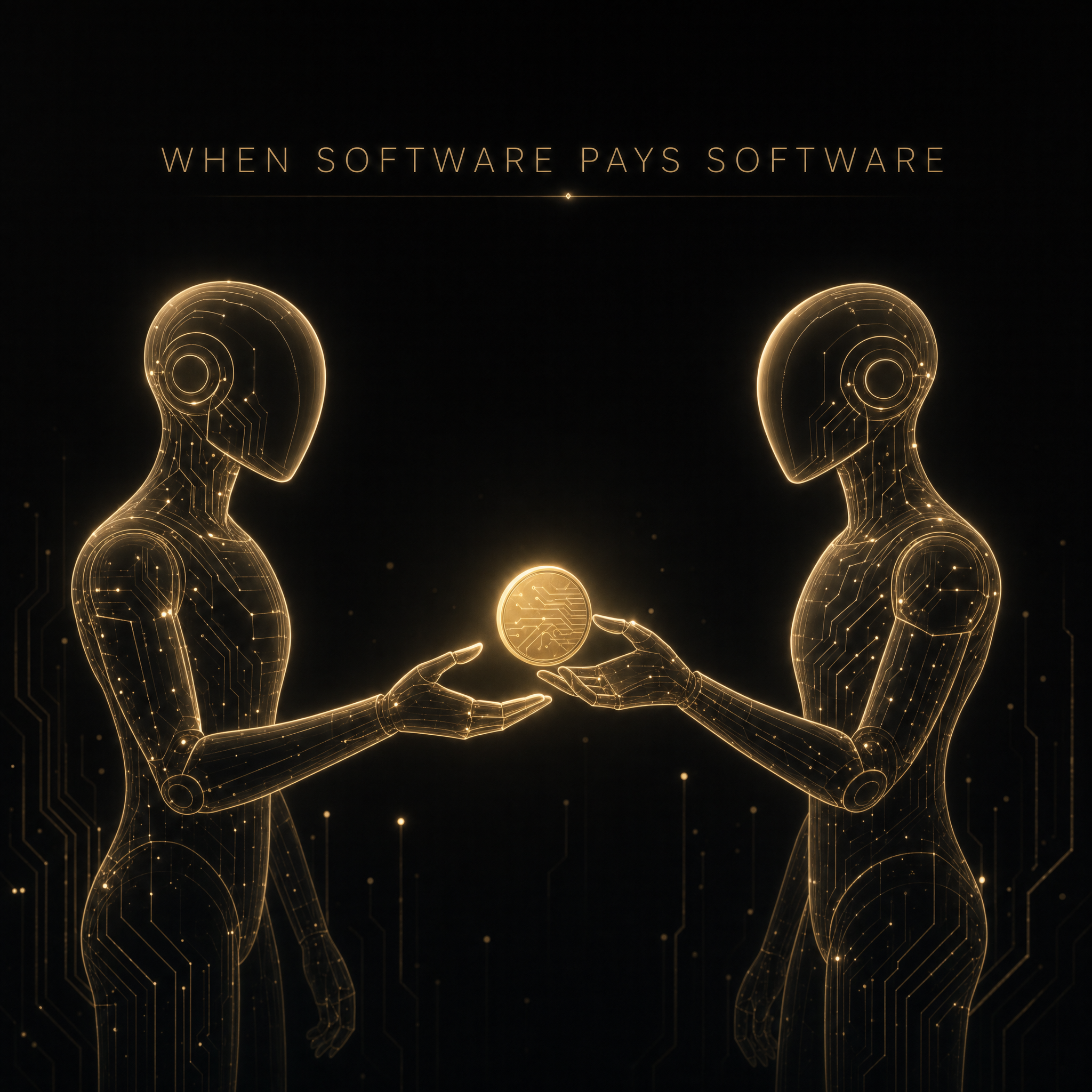 Conceptual image of two AI agents exchanging a payment with no human in the loop