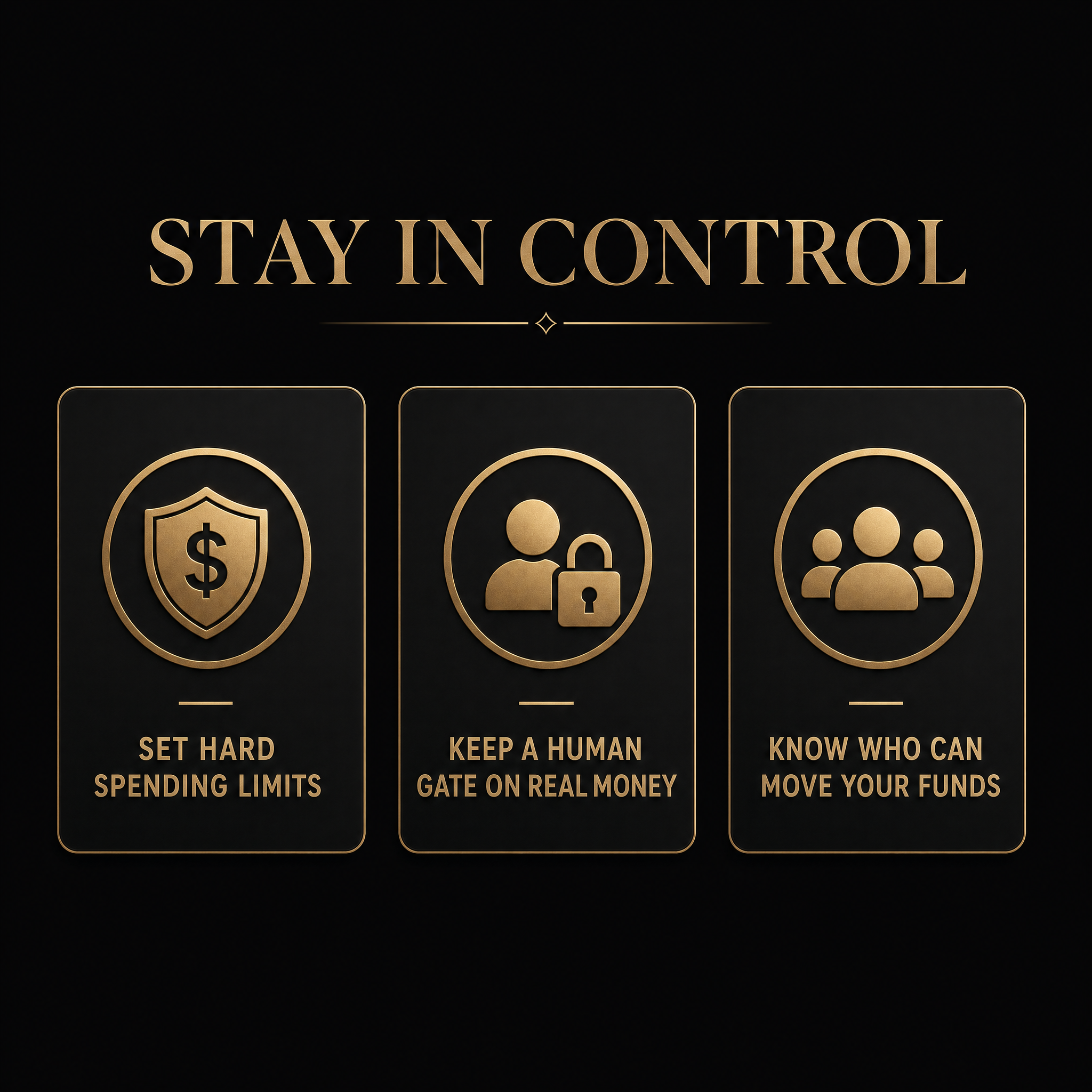Infographic of three rules for controlling an AI agent that can spend: set hard limits, keep a human gate, know who can move your funds