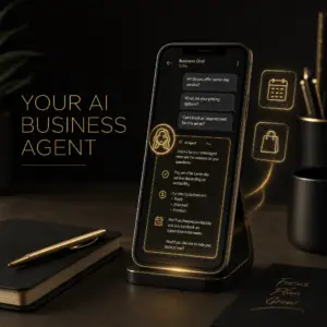 Meta Business Agent concept showing an AI agent answering multiple customer chats on a small business phone