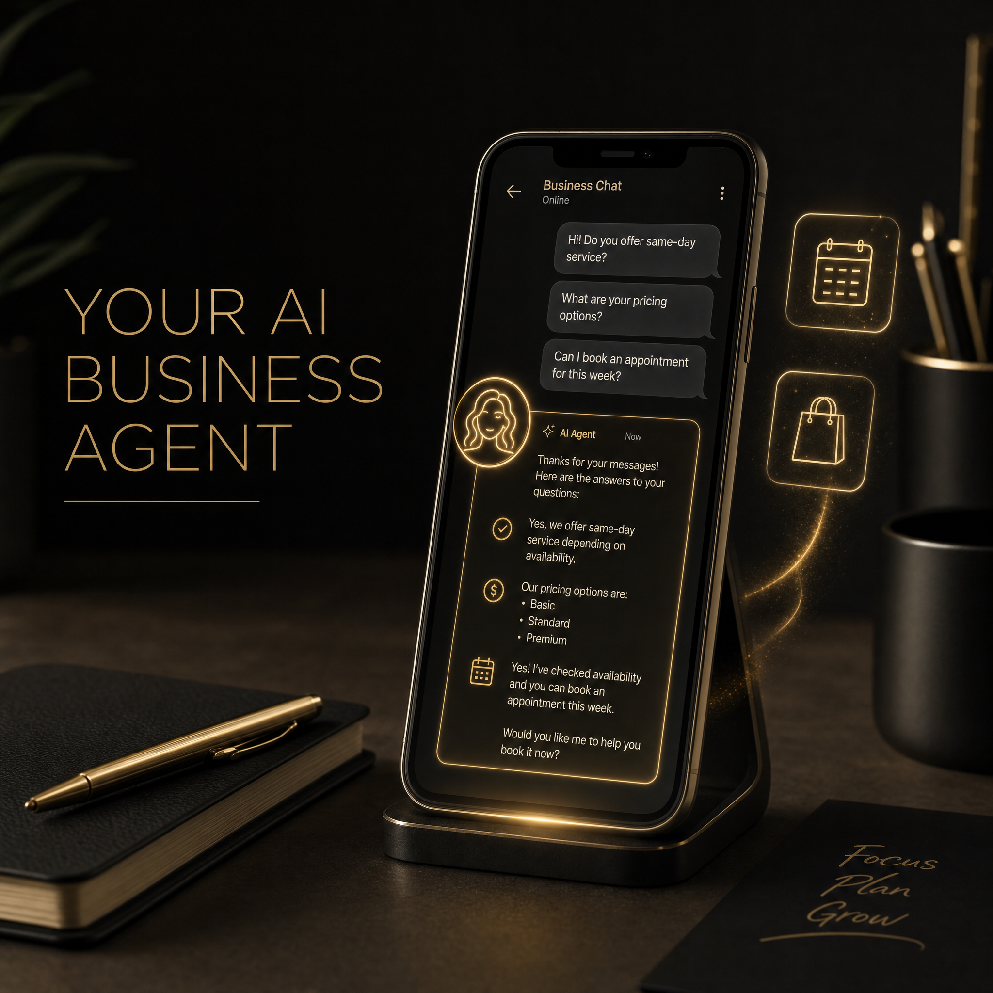 Meta Business Agent concept showing an AI agent answering multiple customer chats on a small business phone