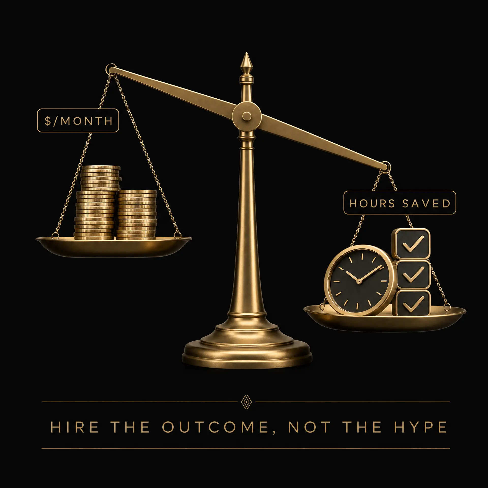 A balance scale weighing monthly cost against hours saved, illustrating how to judge an AI agent like a hire