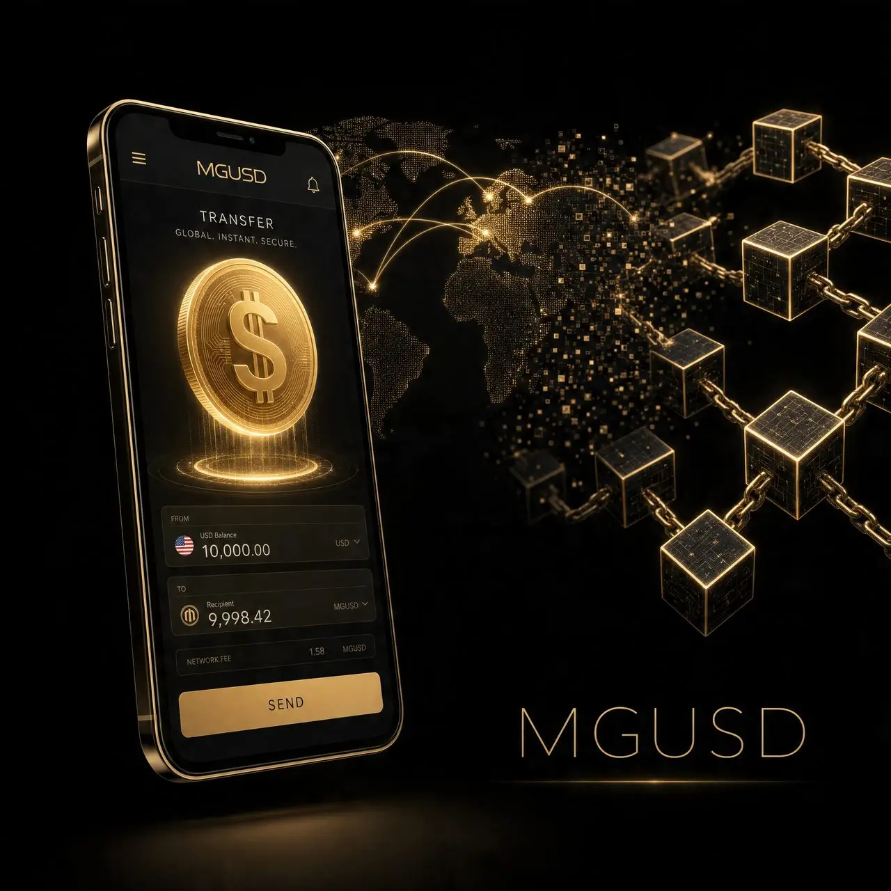MoneyGram MGUSD stablecoin shown as a digital dollar inside a money transfer app on a global network