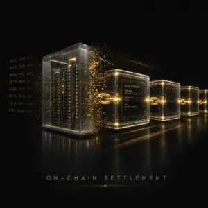 on-chain stock settlement infrastructure visualized as a blockchain ledger replacing a server vault