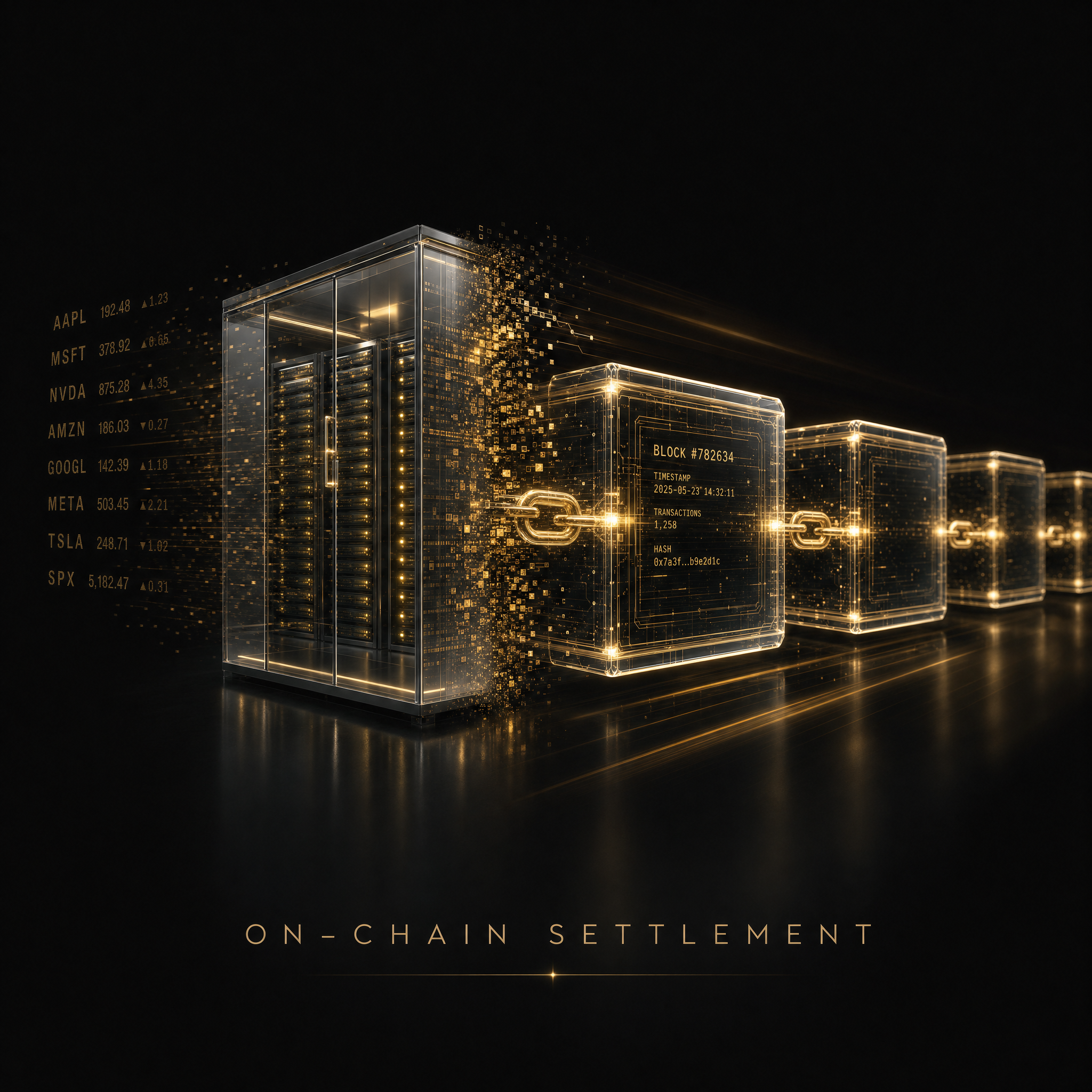 on-chain stock settlement infrastructure visualized as a blockchain ledger replacing a server vault
