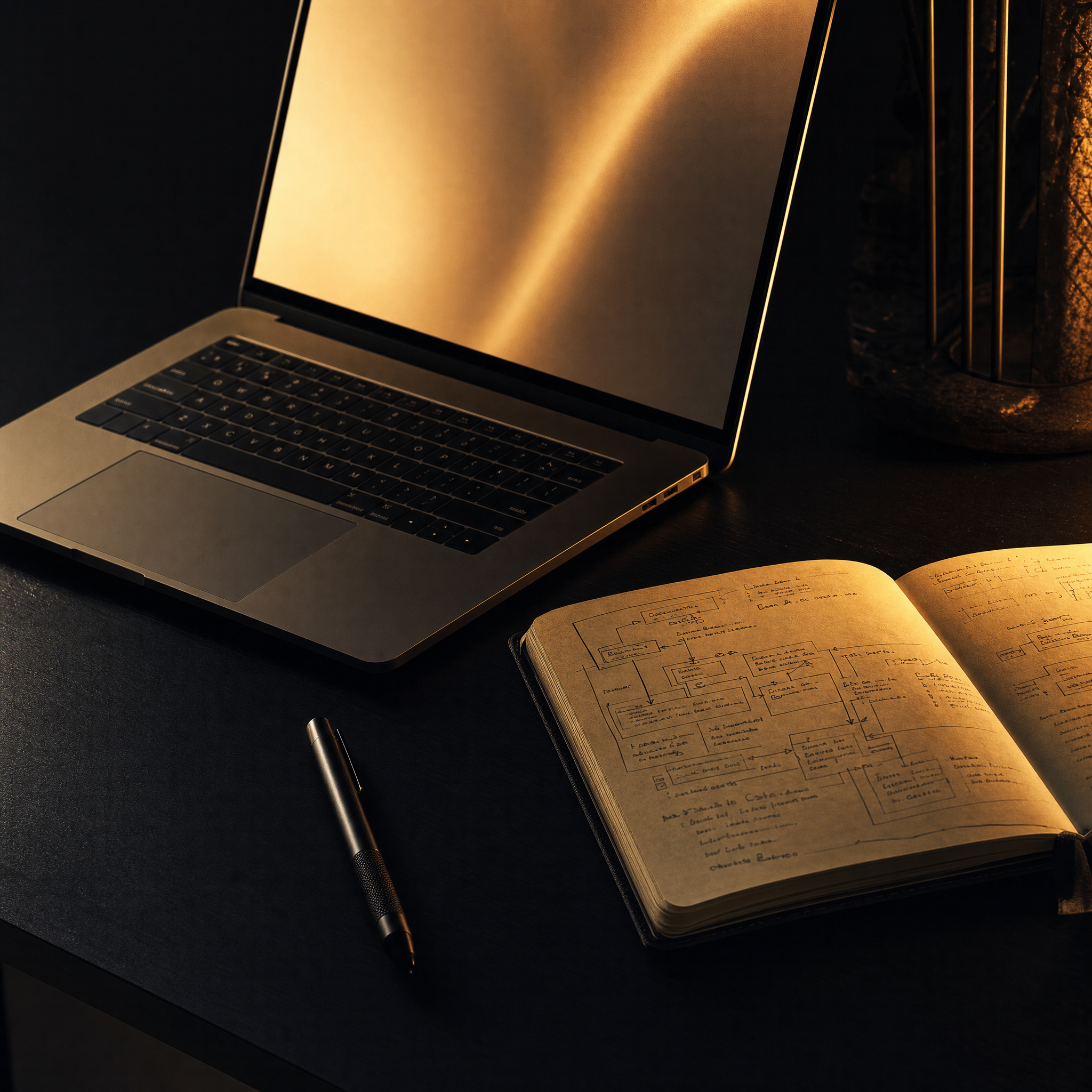 one-person business system – solo founder workspace with laptop on dark desk