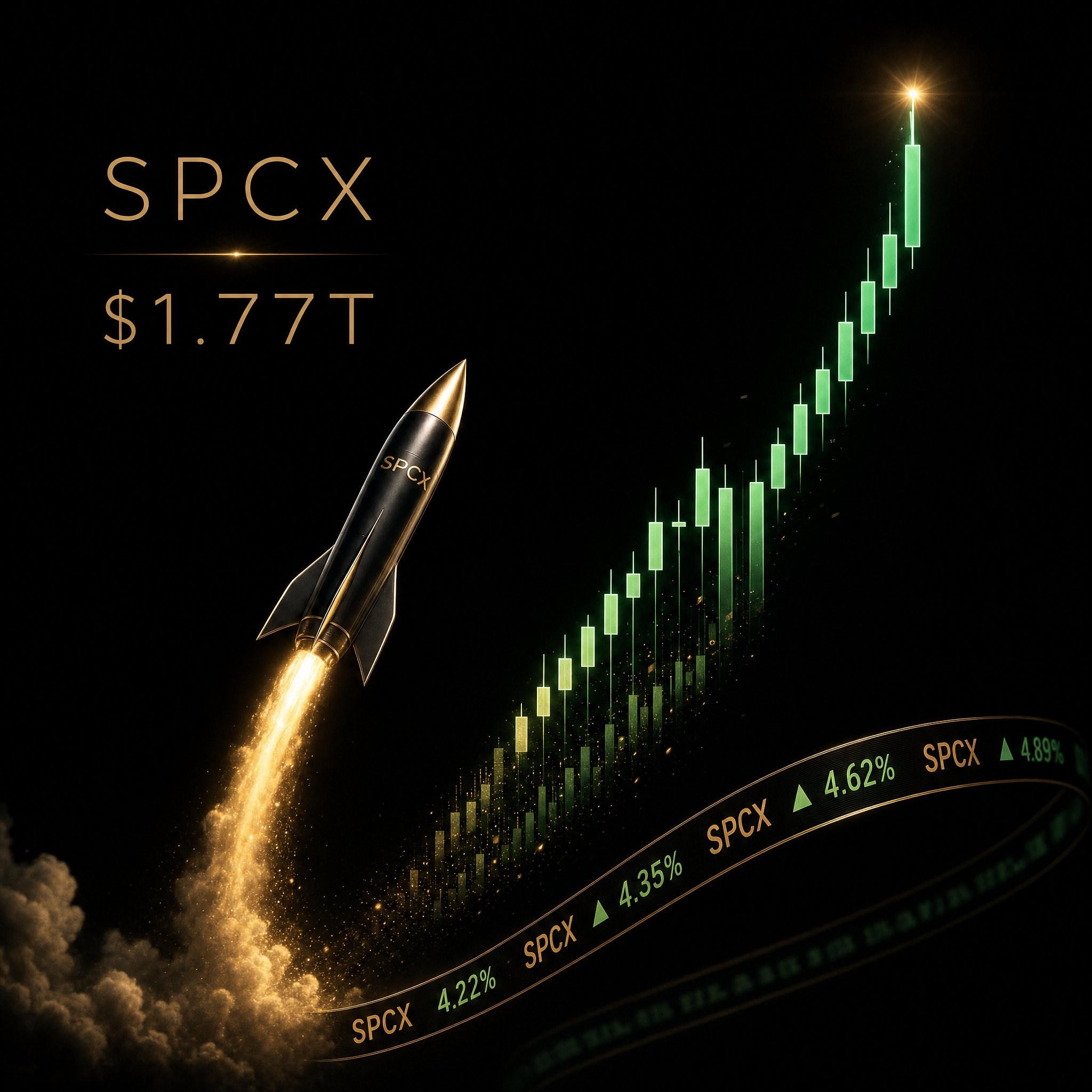 SpaceX IPO 2026 concept showing a rocket rising and morphing into a SPCX stock ticker and price chart