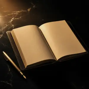 stoic evening review – open journal on obsidian desk with champagne gold pen
