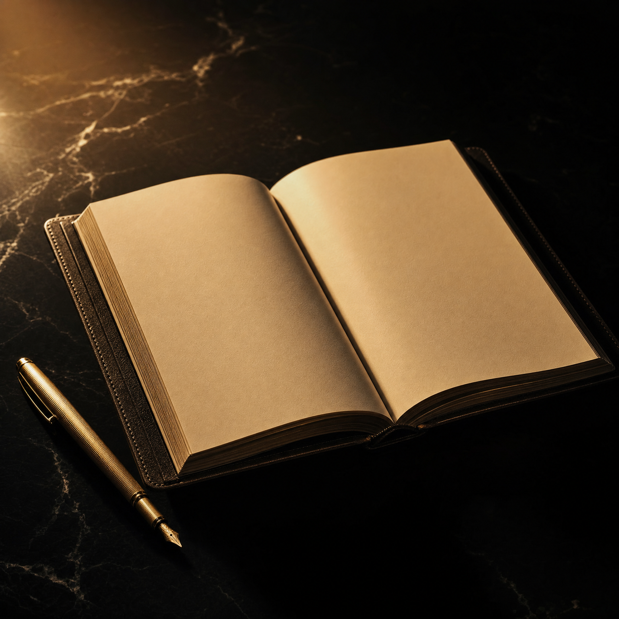 stoic evening review – open journal on obsidian desk with champagne gold pen